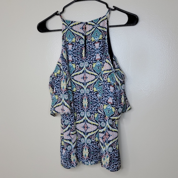 Fin & Grace Top Blue Green Mosaic Print Cold Shoulder Size Small - Picture 5 of 6